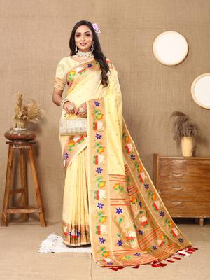 Cream Color Faux Banarasi Silk Saree With Paithani Rich Weaved Pallu And Blouse 2