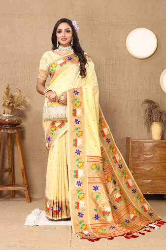 Cream Color Faux Banarasi Silk Saree With Paithani Rich Weaved Pallu And Blouse