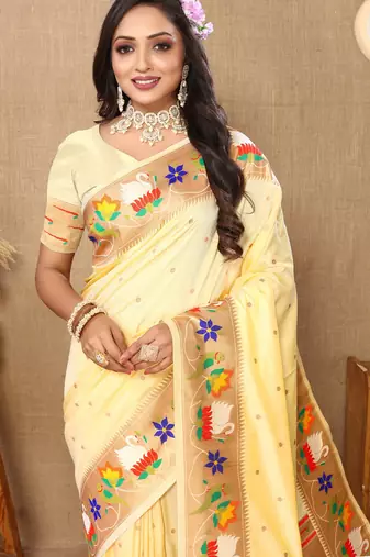Cream Color Faux Banarasi Silk Saree With Paithani Rich Weaved Pallu And Blouse