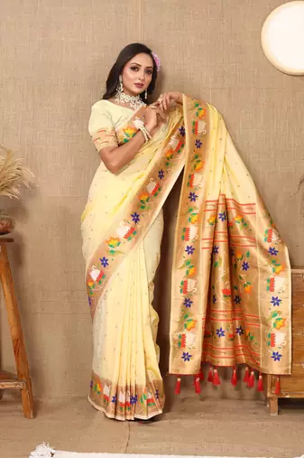 Cream Color Faux Banarasi Silk Saree With Paithani Rich Weaved Pallu And Blouse
