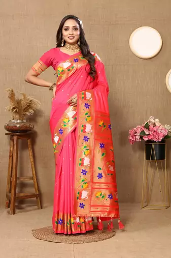 Shyam Pink Color Faux Banarasi Silk Saree With Paithani Rich Weaved Pallu And Blouse