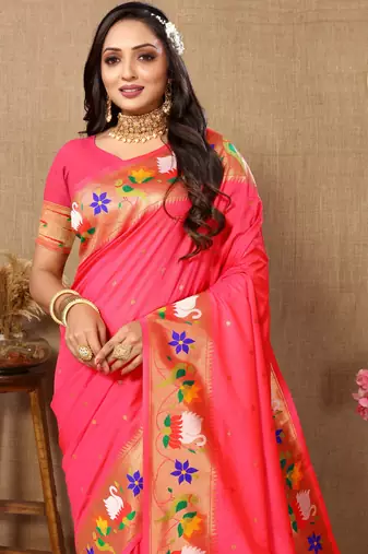 Shyam Pink Color Faux Banarasi Silk Saree With Paithani Rich Weaved Pallu And Blouse