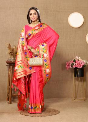 Shyam Pink Color Faux Banarasi Silk Saree With Paithani Rich Weaved Pallu And Blouse 4