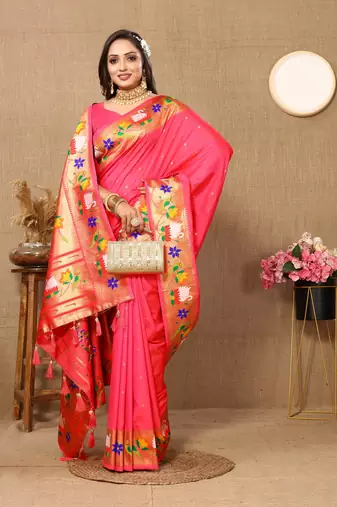 Shyam Pink Color Faux Banarasi Silk Saree With Paithani Rich Weaved Pallu And Blouse