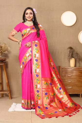 Pink Color Faux Banarasi Silk Saree With Paithani Rich Weaved Pallu And Blouse