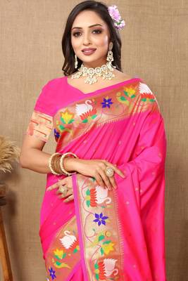 Pink Color Faux Banarasi Silk Saree With Paithani Rich Weaved Pallu And Blouse 3