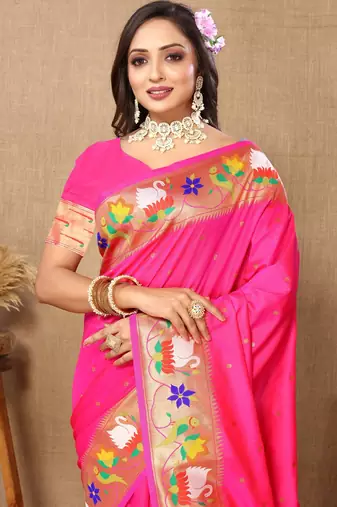 Pink Color Faux Banarasi Silk Saree With Paithani Rich Weaved Pallu And Blouse