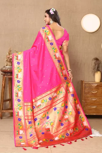 Pink Color Faux Banarasi Silk Saree With Paithani Rich Weaved Pallu And Blouse