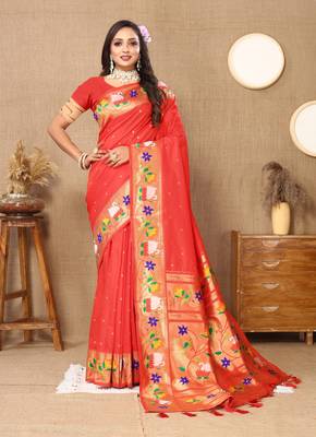 Red Color Faux Banarasi Silk Saree With Paithani Rich Weaved Pallu And Blouse 2
