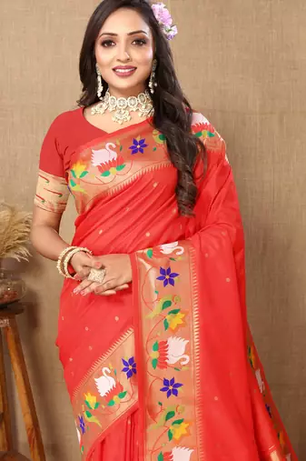 Red Color Faux Banarasi Silk Saree With Paithani Rich Weaved Pallu And Blouse