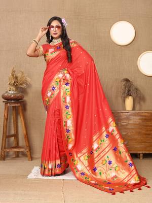 Red Color Faux Banarasi Silk Saree With Paithani Rich Weaved Pallu And Blouse 4