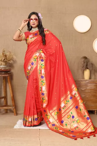 Red Color Faux Banarasi Silk Saree With Paithani Rich Weaved Pallu And Blouse