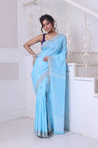 Sky blue cotton handwoven saree with texture motifs