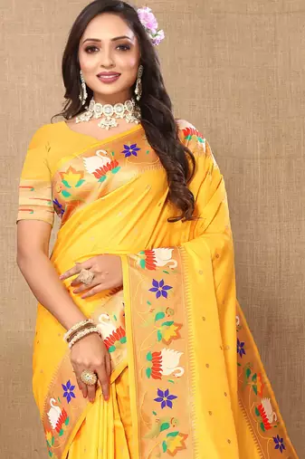 Yellow Color Faux Banarasi Silk Saree With Paithani Rich Weaved Pallu And Blouse