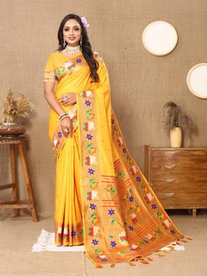 Yellow Color Faux Banarasi Silk Saree With Paithani Rich Weaved Pallu And Blouse 3