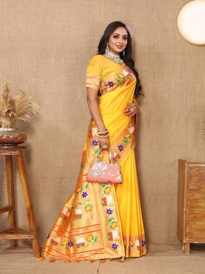 Yellow Color Faux Banarasi Silk Saree With Paithani Rich Weaved Pallu And Blouse 4
