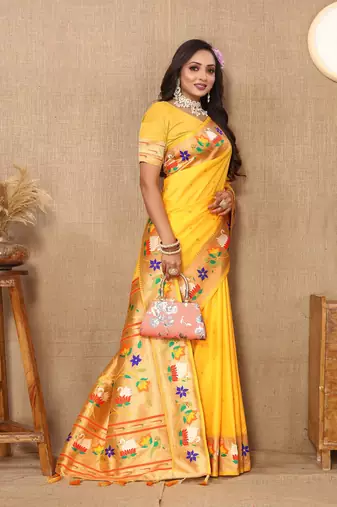 Yellow Color Faux Banarasi Silk Saree With Paithani Rich Weaved Pallu And Blouse