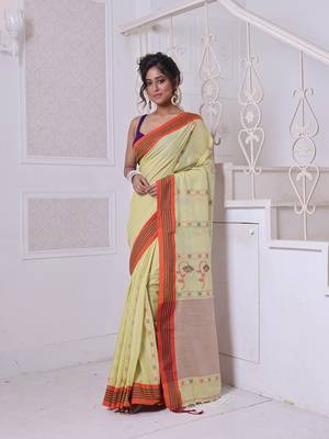 Lemon yellow cotton handwoven saree with floral buttas 1
