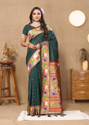 Green Color Faux Banarasi Silk Saree With Paithani Rich Weaved Pallu And Blouse 1