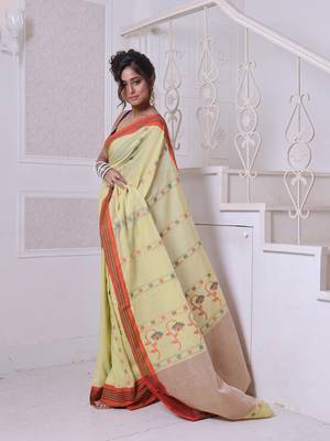 Lemon yellow cotton handwoven saree with floral buttas 2