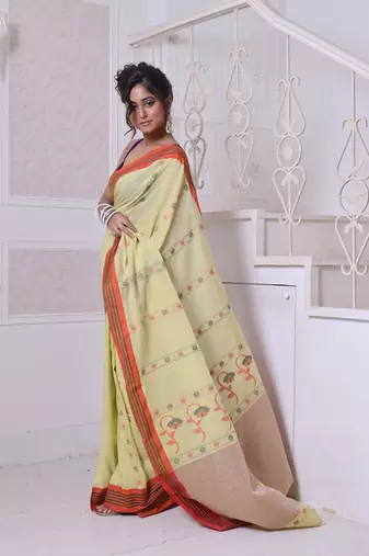 Lemon yellow cotton handwoven saree with floral buttas