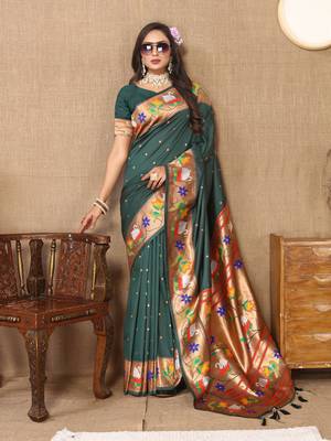 Green Color Faux Banarasi Silk Saree With Paithani Rich Weaved Pallu And Blouse 2