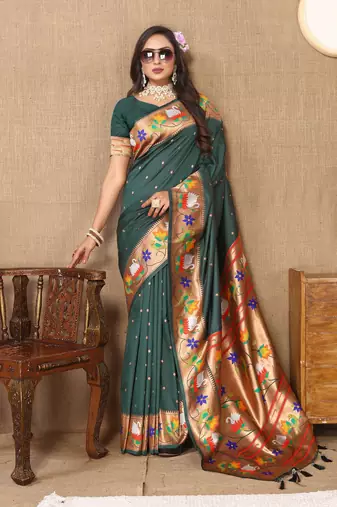 Green Color Faux Banarasi Silk Saree With Paithani Rich Weaved Pallu And Blouse