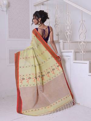 Lemon yellow cotton handwoven saree with floral buttas 3