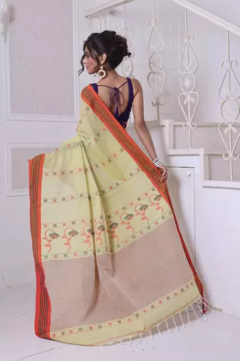 Lemon yellow cotton handwoven saree with floral buttas