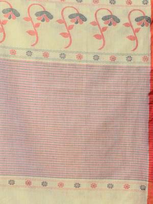 Lemon yellow cotton handwoven saree with floral buttas 4