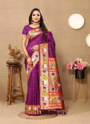 Wine Color Faux Banarasi Silk Saree With Paithani Rich Weaved Pallu And Blouse 1