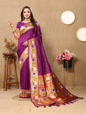 Wine Color Faux Banarasi Silk Saree With Paithani Rich Weaved Pallu And Blouse 2