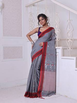 Grey cotton handwoven saree with floral buttas 1