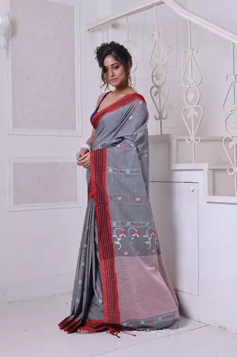 Grey cotton handwoven saree with floral buttas