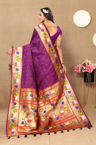 Wine Color Faux Banarasi Silk Saree With Paithani Rich Weaved Pallu And Blouse