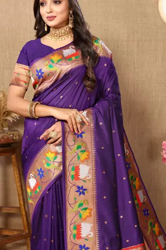 Purple Color Faux Banarasi Silk Saree With Paithani Rich Weaved Pallu And Blouse