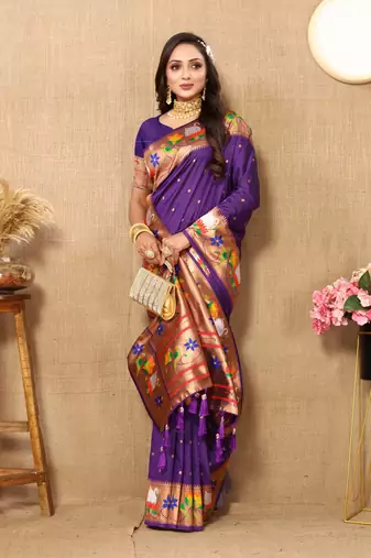 Purple Color Faux Banarasi Silk Saree With Paithani Rich Weaved Pallu And Blouse
