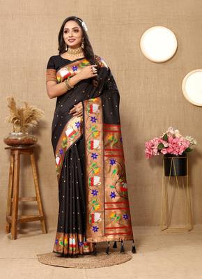 Black Color Faux Banarasi Silk Saree With Paithani Rich Weaved Pallu And Blouse 2