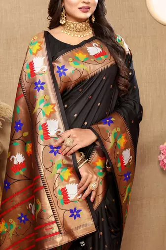 Black Color Faux Banarasi Silk Saree With Paithani Rich Weaved Pallu And Blouse