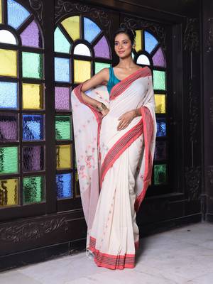 Beige cotton handwoven saree with floral buttas 1