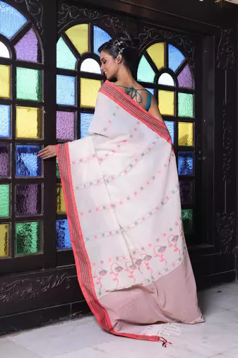 Beige cotton handwoven saree with floral buttas