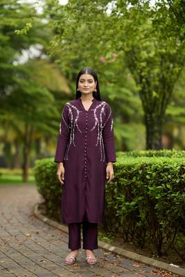 Nikhaar  violet hand embroidery art silk straight cut kurta & 1