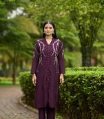 Nikhaar  violet hand embroidery art silk straight cut kurta &