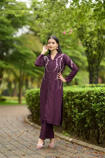 Nikhaar  violet hand embroidery art silk straight cut kurta &