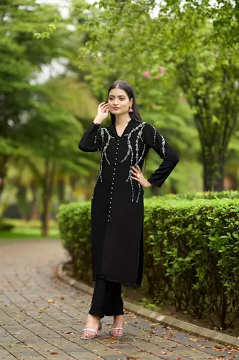 Nikhaar  black hand embroidery art silk straight cut kurta &