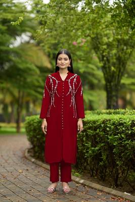 Nikhaar  maroon hand embroidery art silk straight cut kurta & 1