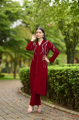 Nikhaar  maroon hand embroidery art silk straight cut kurta &