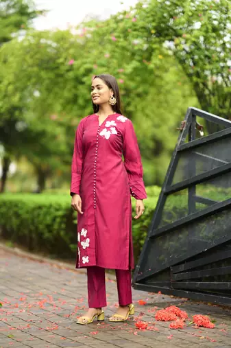 Nikhaar  pink hand embroidery art silk straight cut kurta &