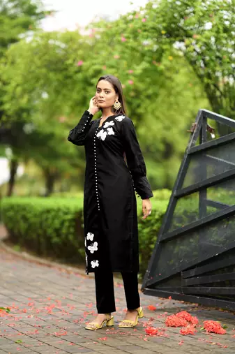 Nikhaar  black hand embroidery art silk straight cut kurta &