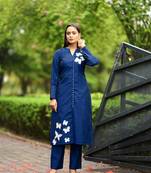 Nikhaar  blue hand embroidery art silk straight cut kurta &